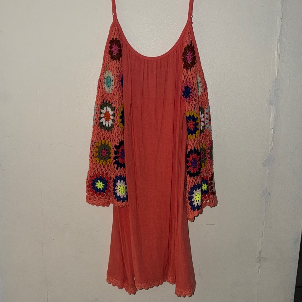 Women’s Coral Crochet-Sleeve Slip Dress